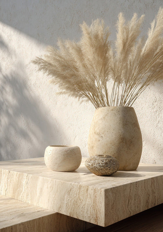 Poster The Pampas Bouquet — a stone vase filled with pampas grass on a travertine console, size 70 × 100 cm