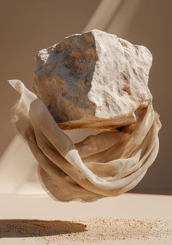 Poster Der umhüllte Fels — ein heller Felsblock, umhüllt von drapiertem Leinen, über dem Sand schwebend, Format 70 × 100 cm