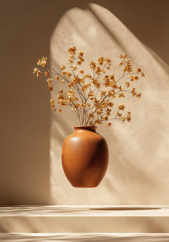 Poster The Golden Sheaf — a terracotta vase and its sheaf of golden dried flowers in an arc of light, size 70 × 100 cm