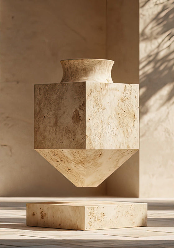 Poster De Geometrische Urn — een geometrische urn van travertijn die boven haar sokkel zweeft, formaat 70 × 100 cm