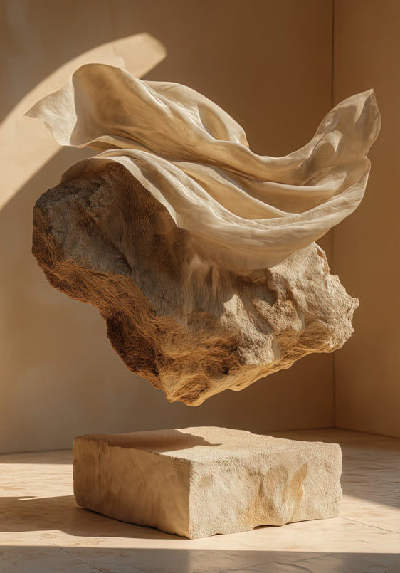 Poster The Veiled Boulder — a pale boulder topped with a linen veil lifted by the wind, size 70 × 100 cm