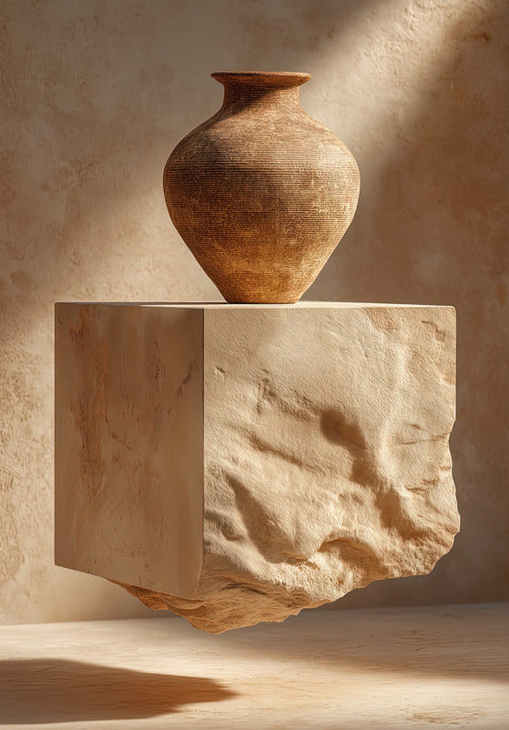 Poster The Vase on the Rough Block — a terracotta vase set on a travertine block with a rough base, size 70 × 100 cm