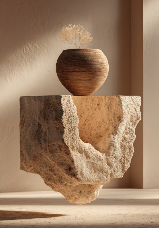 Poster Der ausgehöhlte Stein — eine Tonschale auf einem hellen, in der Mitte ausgehöhlten Steinblock, Format 70 × 100 cm