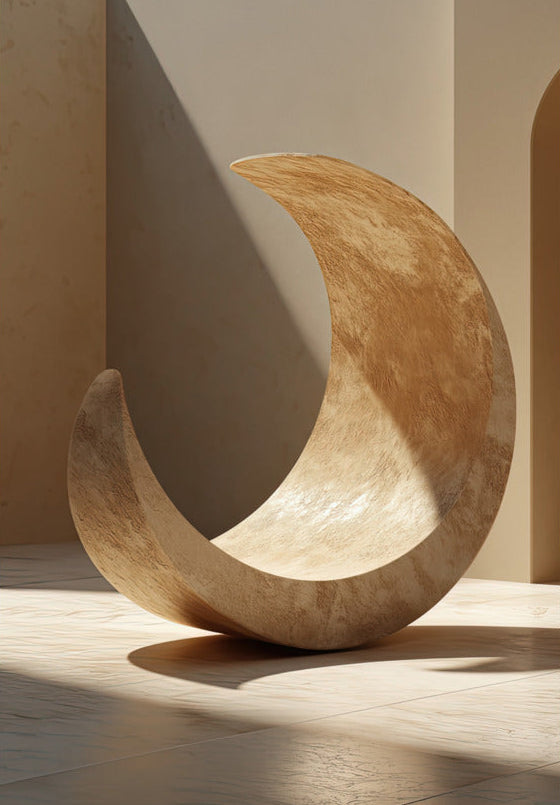 Poster Die Steinsichel — eine Travertinskulptur in Form einer Mondsichel, vom Licht gestreichelt, Format 70 × 100 cm