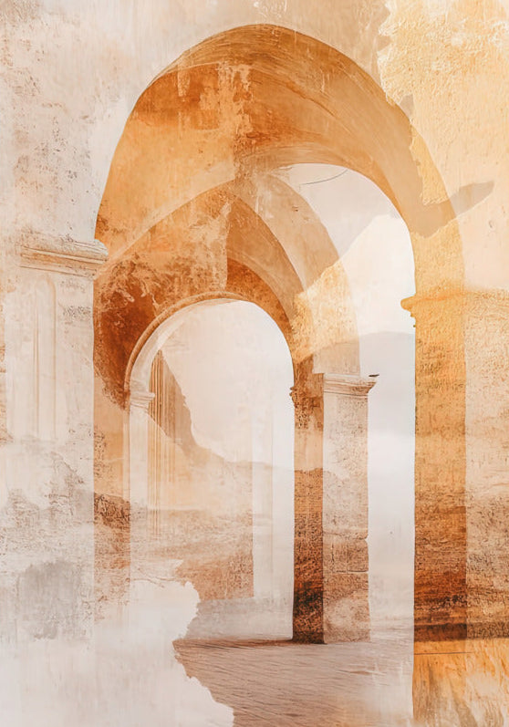 Poster Le Arcate d'Ocra — una fuga di arcate ocra fuse in una foschia chiara, come un acquerello, formato 70 × 100 cm