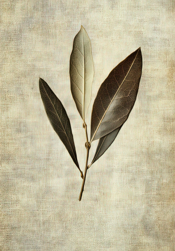 Poster Der Lorbeerzweig — ein Lorbeerzweig auf einem strukturierten, leinenfarbenen Hintergrund, wie aus einem Herbarium, Format 70 × 100 cm