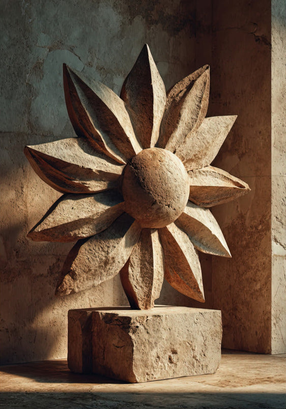 Poster Il Sole Scolpito — un sole intagliato nella pietra calcarea, eretto su un basamento grezzo, formato 70 × 100 cm