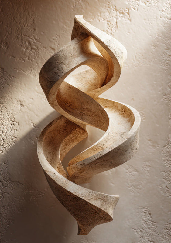Poster The Twisted Ribbon — a pale stone ribbon twisted into a spiral, floating in front of a cream wall, size 70 × 100 cm