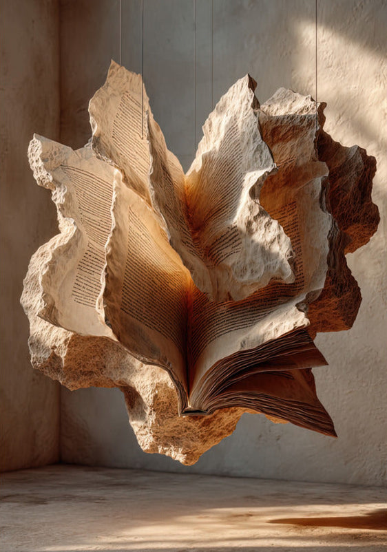 Poster Het Opengeslagen Boek — een opengeslagen boek uitgehouwen in steen, met waaiervormig uitgespreide bladzijden, formaat 70 × 100 cm