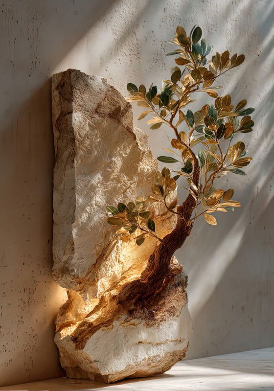 Poster De Fossiele Olijfboom — een jonge olijfboom die uit een gespleten steenblok groeit, van binnenuit verlicht, formaat 70 × 100 cm