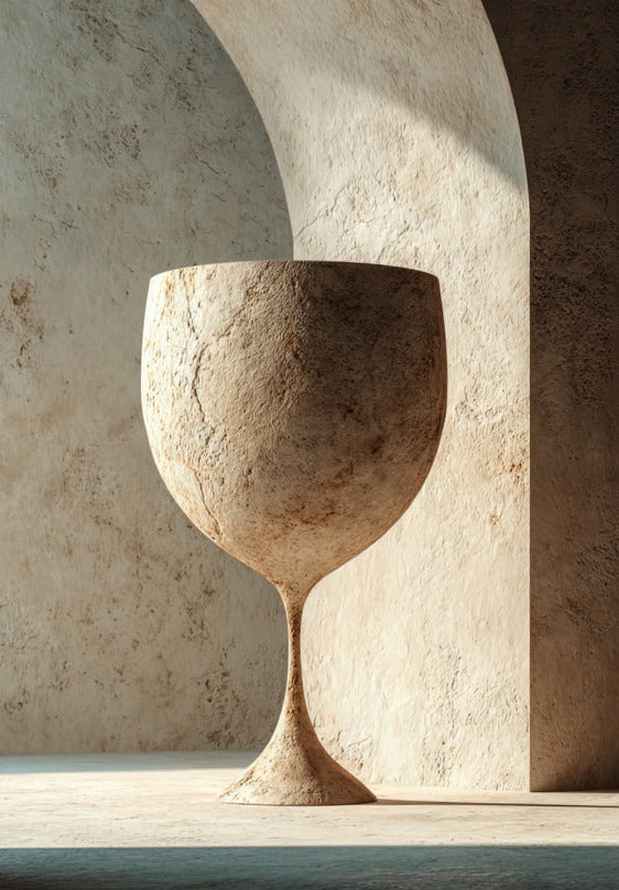 Poster De Stenen Kelk — een groot glas op voet, uitgehouwen in kalksteen, formaat 70 × 100 cm