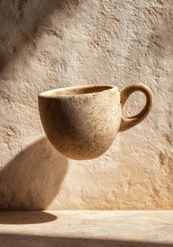 Poster The Floating Cup — a coffee cup carved in stone, floating in front of a cream wall, size 70 × 100 cm