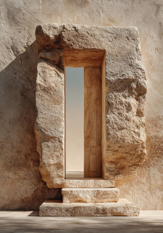 Poster The Hewn Passage — a narrow door carved into a limestone block, preceded by steps, size 70 × 100 cm