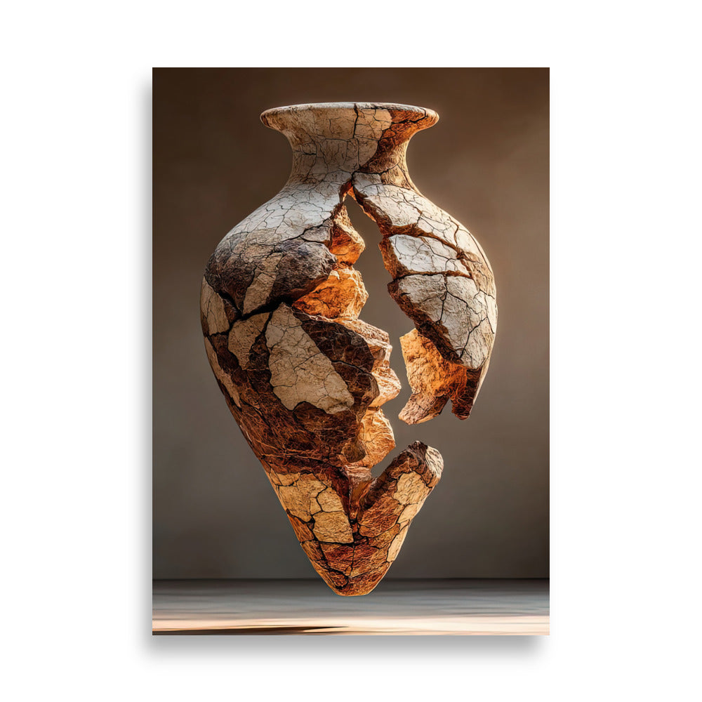 Poster The Crackled Amphora — a crackled ancient amphora whose shards float around it, size 70 × 100 cm