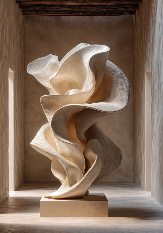 Poster Het Ivoorkleurige Doek — een sculptuur van ivoorkleurige stof met golvende plooien, op een sokkel van travertijn, formaat 70 × 100 cm