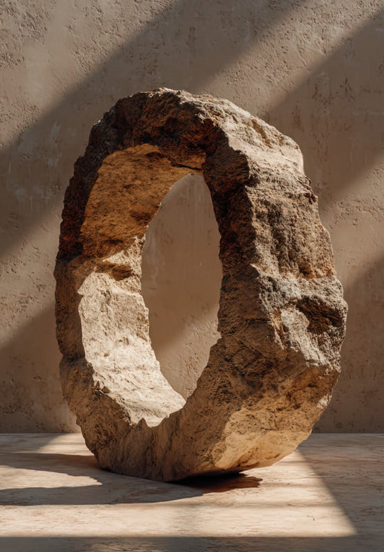 Poster The Pierced Monolith — a massive ring of raw rock standing in a shaft of sunlight, size 70 × 100 cm