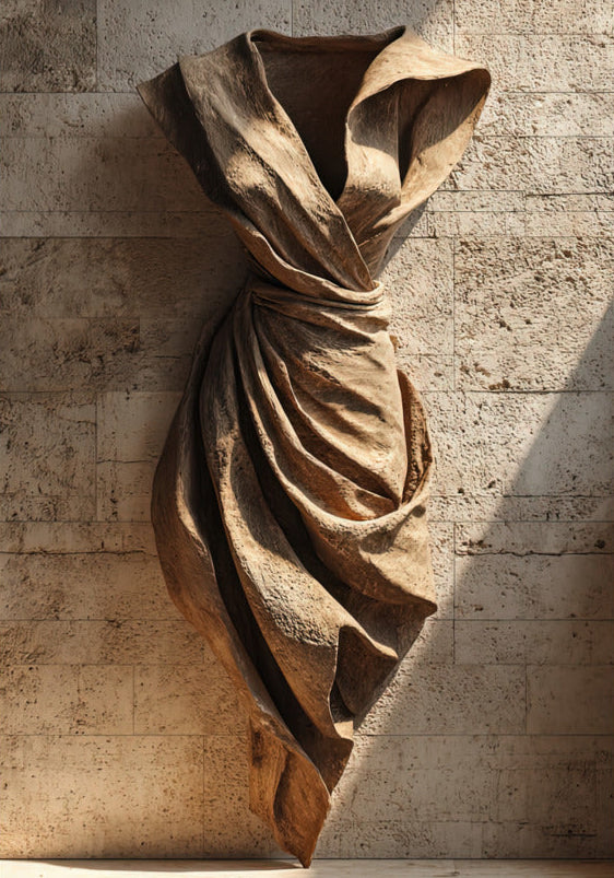 Poster La Veste di Pietra — un abito drappeggiato trasformato in pietra bruna, appeso a una parete di travertino, formato 70 × 100 cm