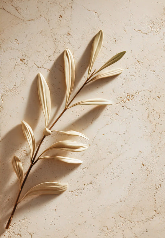 Poster The Golden Branch — an olive branch with pale golden leaves carved in relief on light stone, size 70 × 100 cm