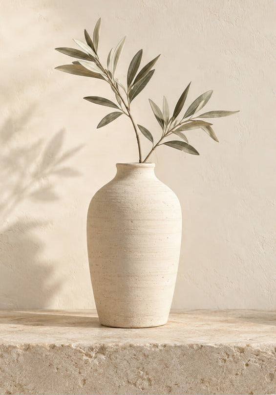 Le Vase au Rameau, affiche murale minimaliste beige vase et rameau d'olivier — Cassili-home