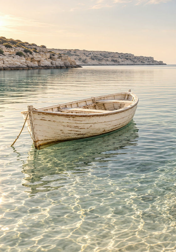 Das Weiße Boot, minimalistisches Wandbild in Weiß, Boot in einer Bucht — Cassili-home