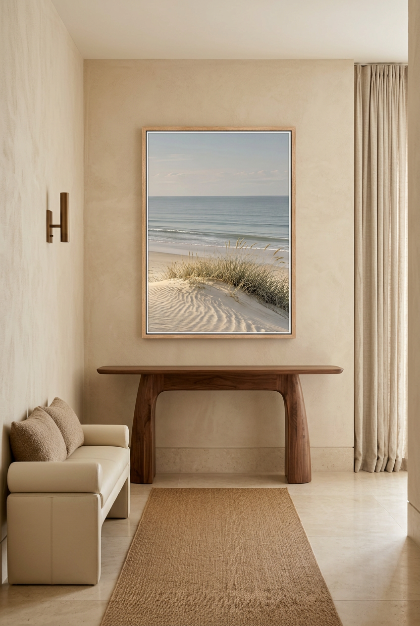 Le Sable Ridé — affiche en cadre chêne dans une entrée