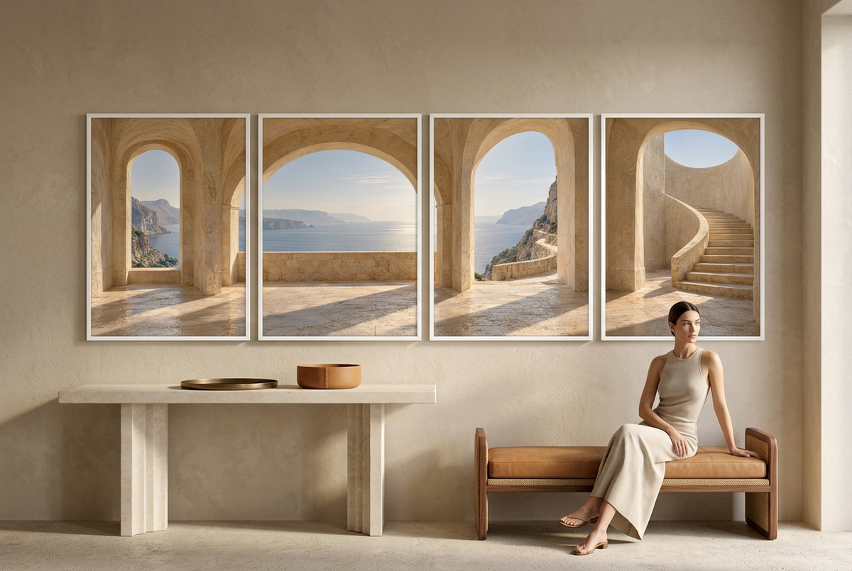 La Galleria sul Mare — quadrittico da parete: archi di pietra aperti sul mare e sulla scogliera, in un ingresso