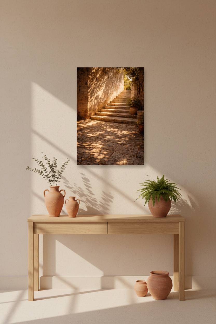 L’Escalier du Jardin — Affiche murale minimaliste doré et pierre méditerranéenne — affiche murale minimaliste | Cassili-home