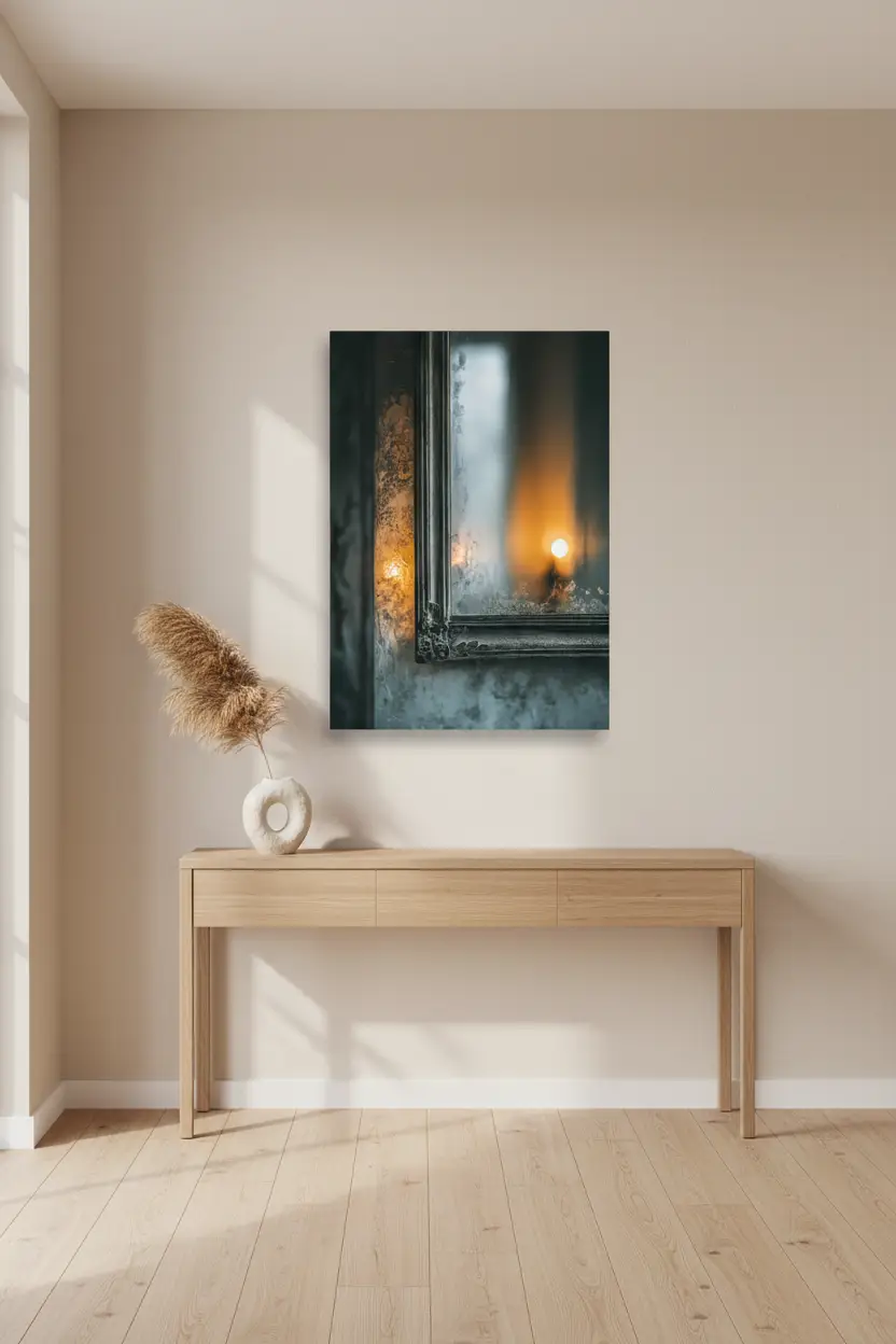 La Bougie du Miroir — Affiche murale minimaliste Bleu-Gris lumière chaude et reflet — affiche murale minimaliste | Cassili-home