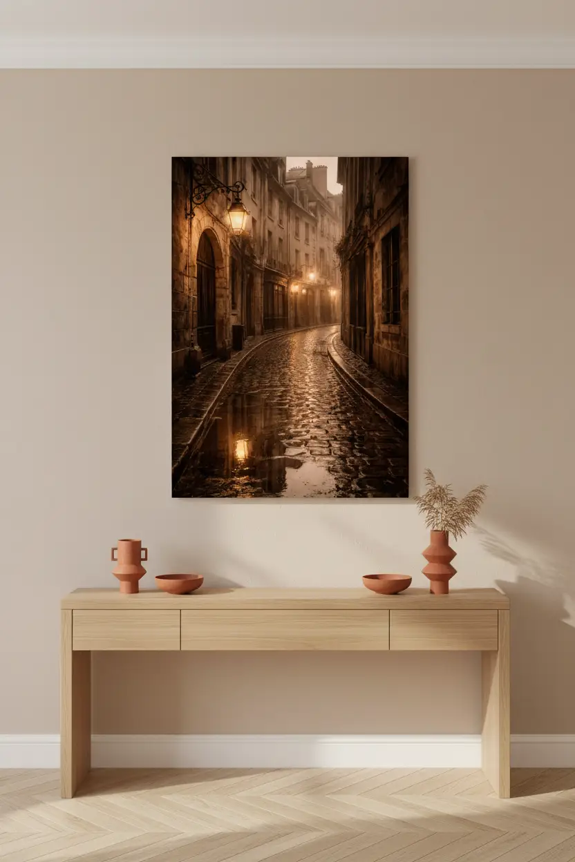 La Ruelle Sous La Pluie — Affiche Murale Minimaliste Or Pierre Lumière — affiche murale minimaliste | Cassili-home