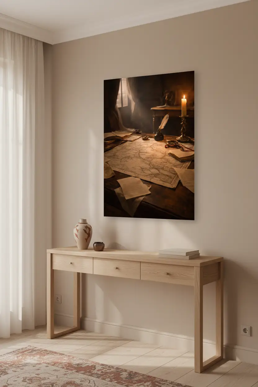 Table du Cartographe — Affiche Murale Minimaliste Ambre et Bois Lumière Intime et Cartographie Rétro — affiche murale minimaliste | Cassili-home