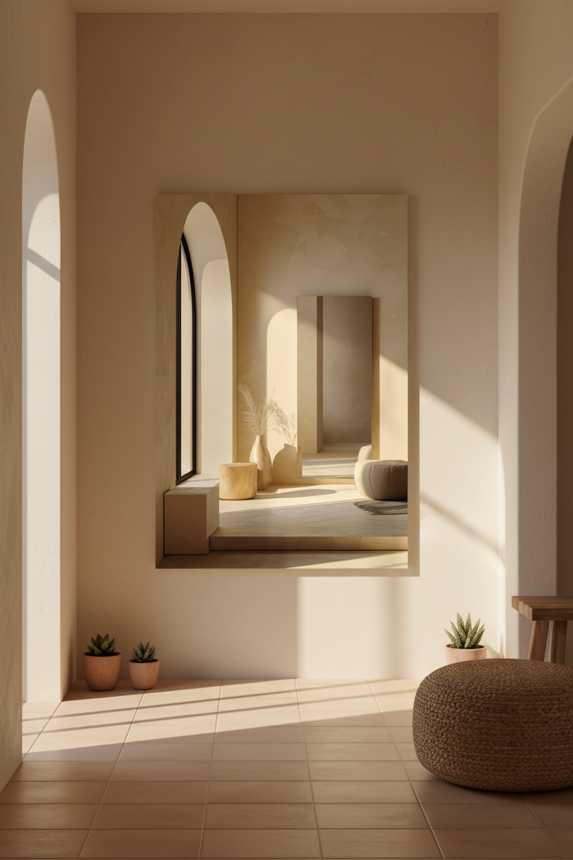 Affiche La Chambre de l'Arche dans une entrée méditerranéenne — arche en ogive et lumière dorée sur plâtre ivoire