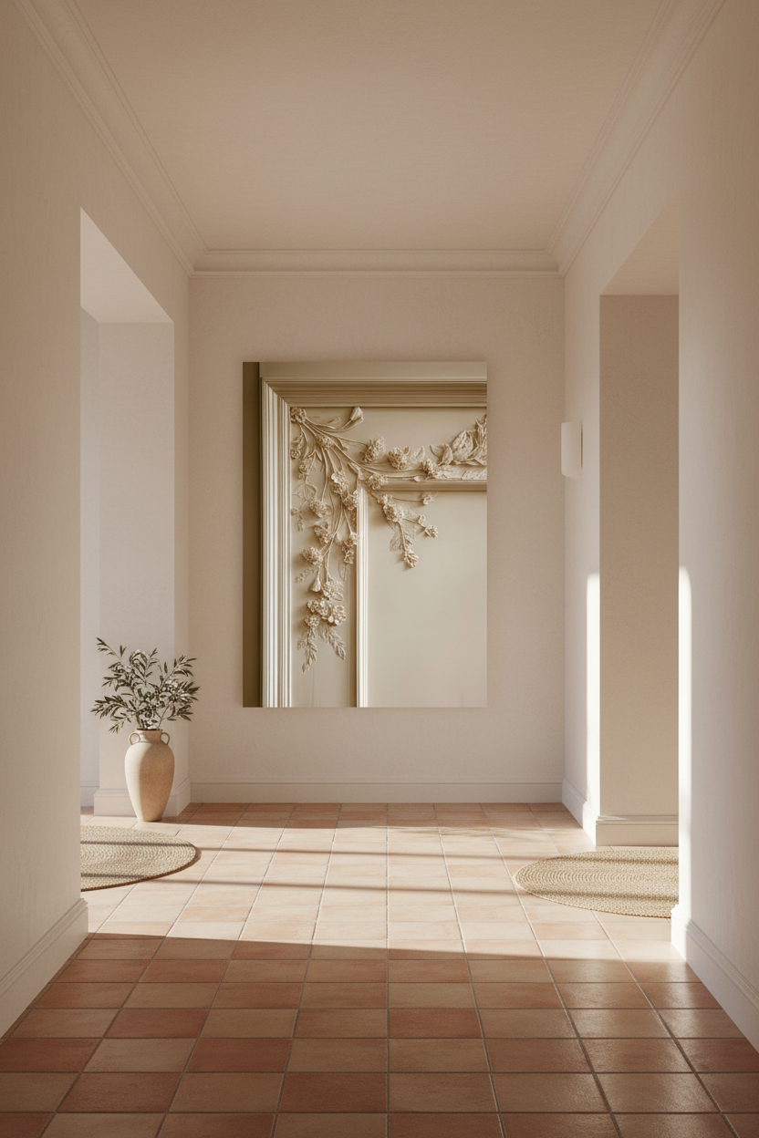 The Woodwork poster in a Mediterranean entryway — ivory and sand stucco bas-relief