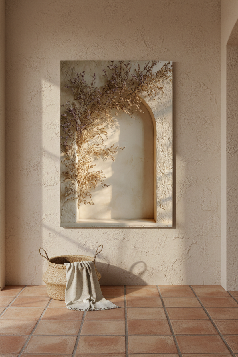 The Flowered Arch poster in a Mediterranean entryway — dried branches before an arched niche