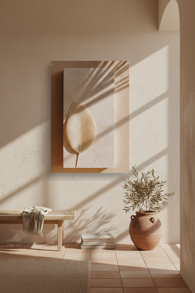 The Leaf and the Shadow poster in a Mediterranean entryway — ivory dried leaf on a warm caramel ground