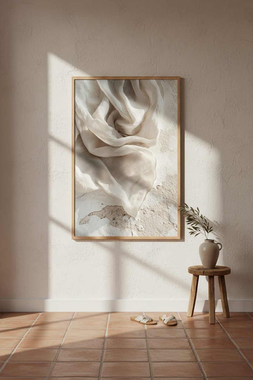 The Ivory Whirlwind poster in a Mediterranean entryway — ivory linen spiral on flaking plaster