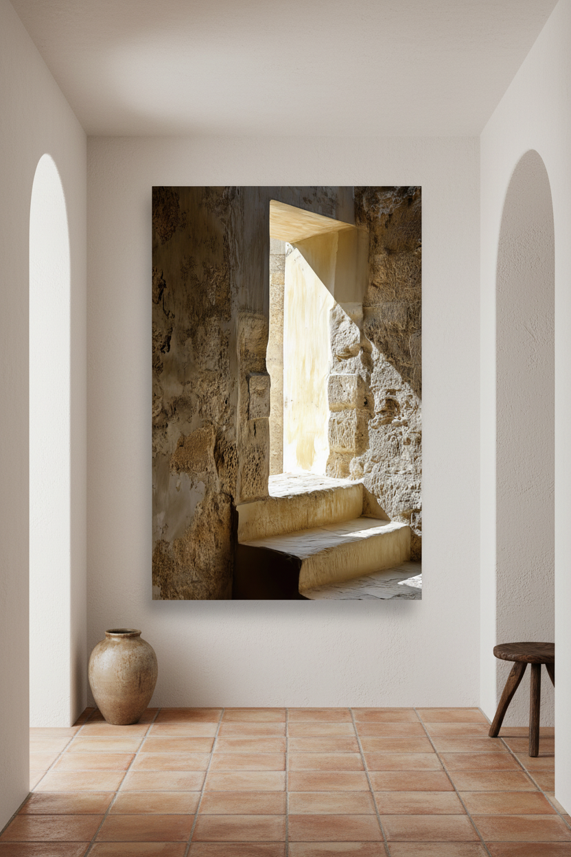 The Arrow Slit poster in a Mediterranean entryway — cut stone embrasure in ochre and sand