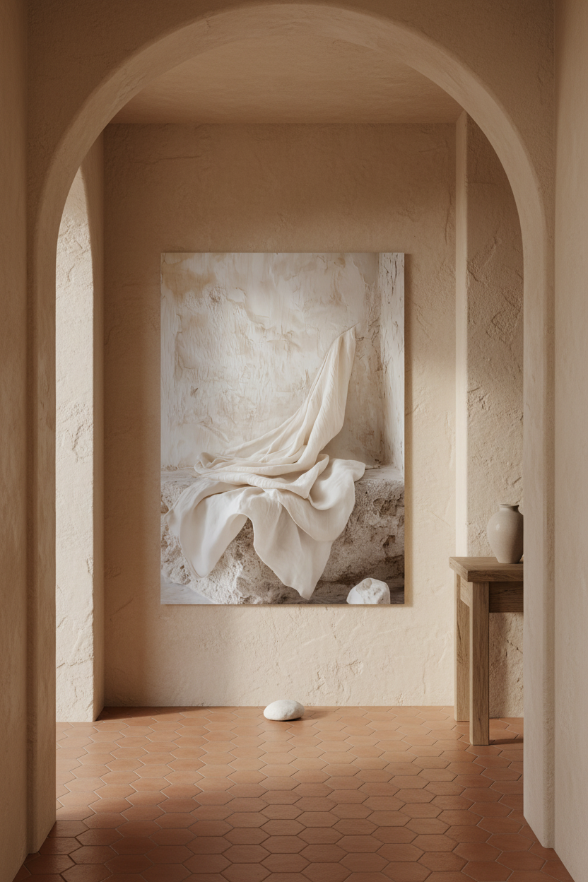 The Abandonment of Linen poster in a Mediterranean entryway — ivory linen drapery on raw stone