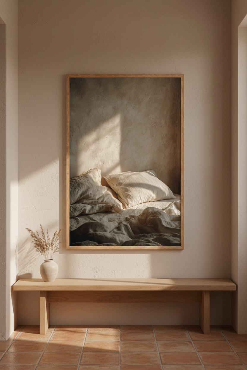 The Awakening Hour poster in a Mediterranean entryway — unmade ivory linen bed and beige plaster