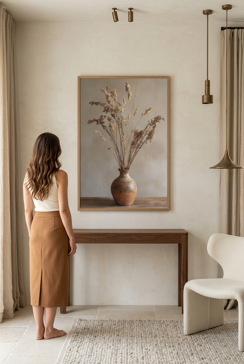 Wheat Ears & Pottery — woman in front of the poster in an oak frame
