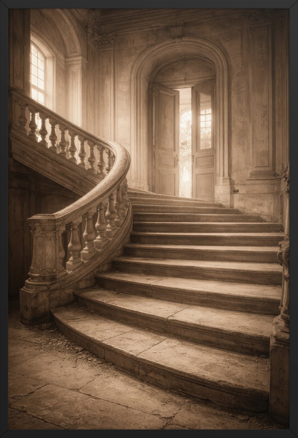 The Castle Staircase — poster in a black frame, front view