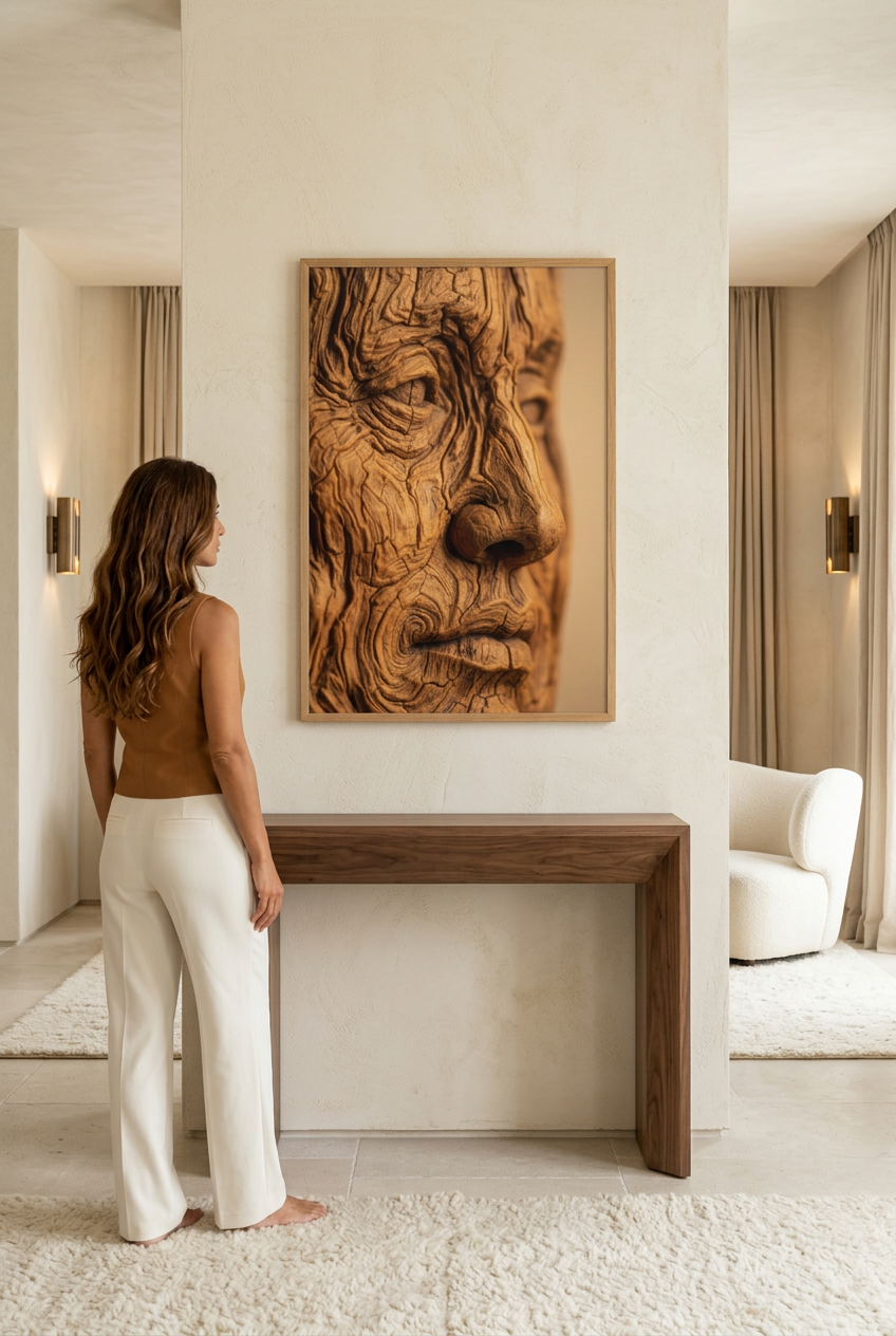 Oak Spirit — woman in front of the poster in an oak frame