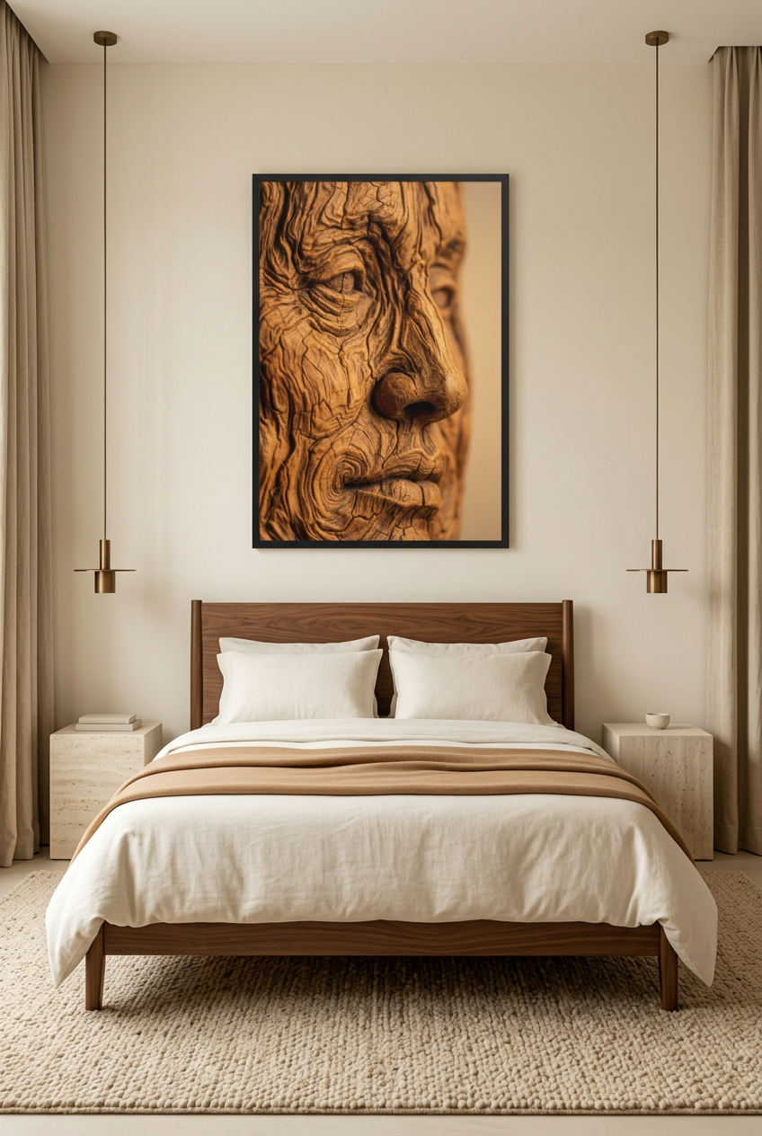 Oak Spirit — poster in a black frame above a bed