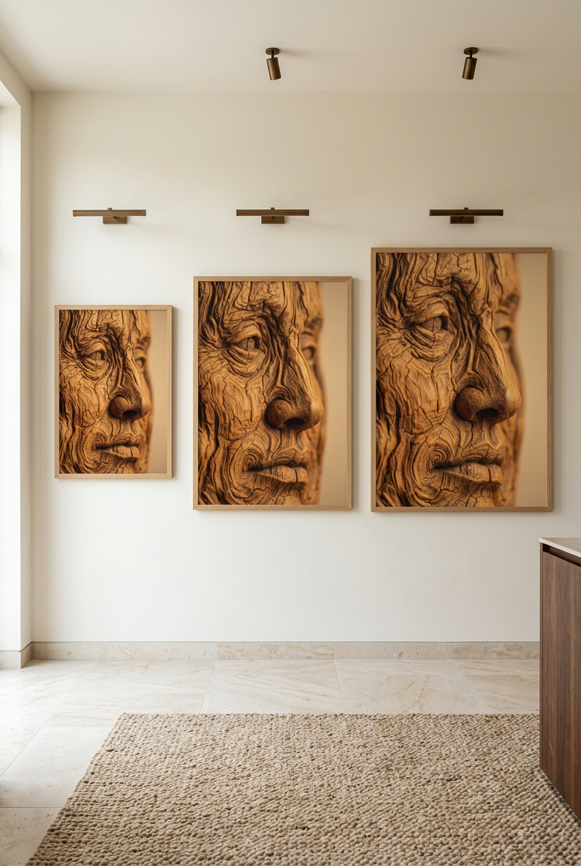 Oak Spirit — three sizes of the poster in oak frames