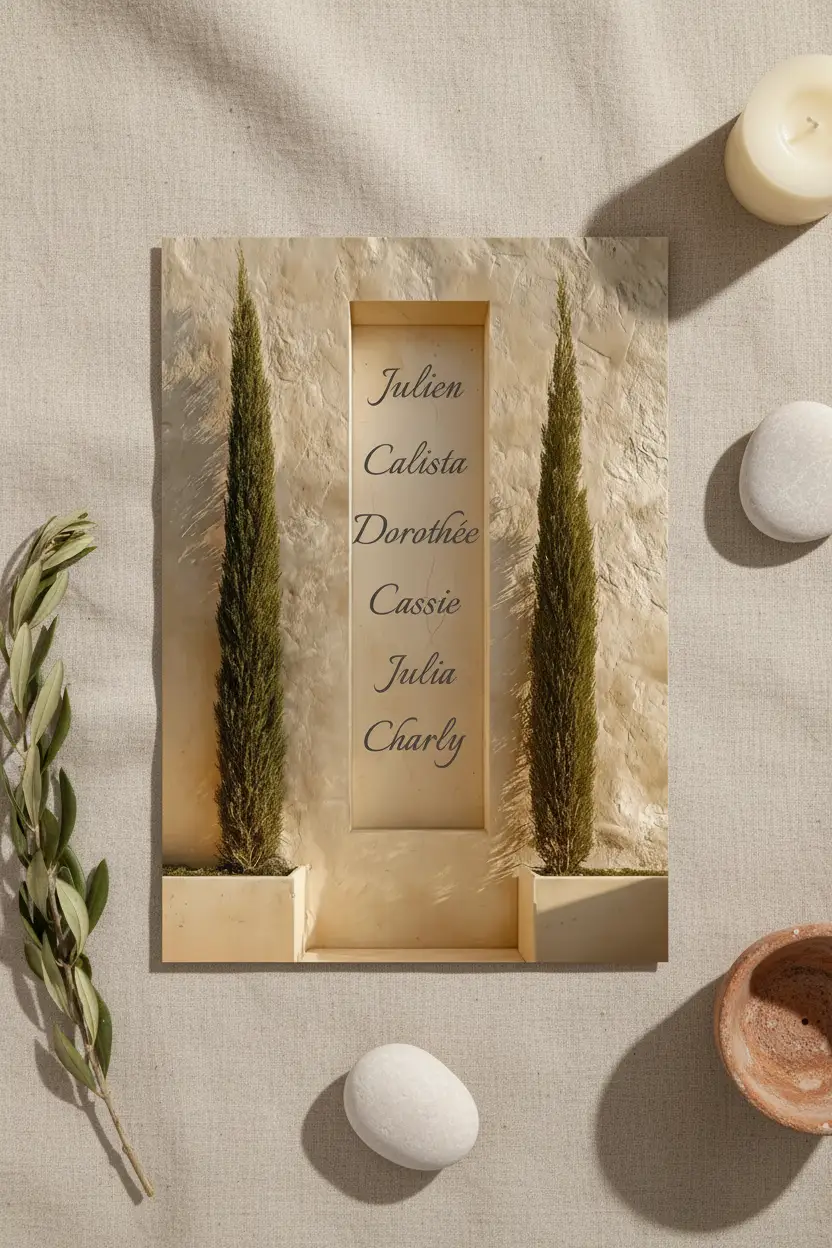 Les Cyprès de Famille — Affiche murale personnalisable prénoms, affiche murale minimaliste avec cadre bois, décoration murale salon ou chambre, style méditerranéen