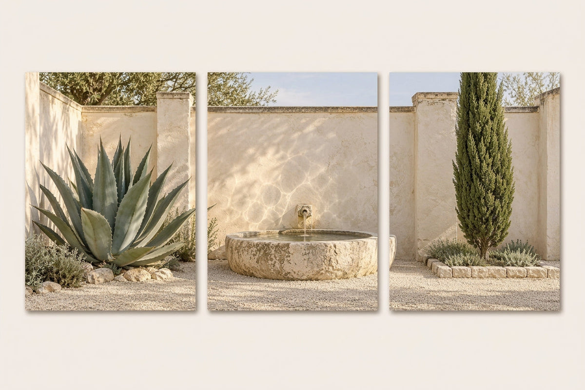 De Agavefontein — wanddrieluik 3 panelen: agave, stenen fontein, cipres