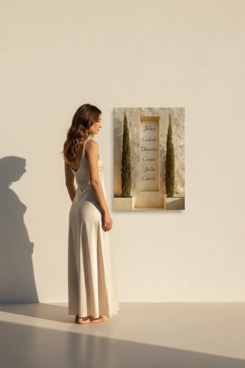 Les Cyprès de Famille — Affiche murale personnalisable prénoms, affiche murale minimaliste avec cadre bois, décoration murale salon ou chambre, style méditerranéen
