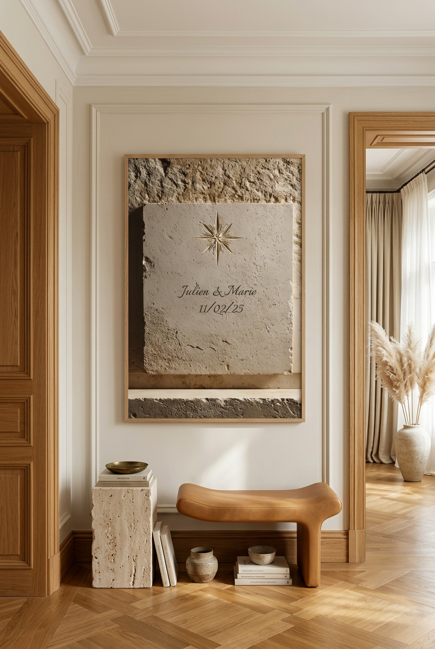 The Engraved Star — personalised wall poster: star engraved in stone with names and a date, in an entrance gallery