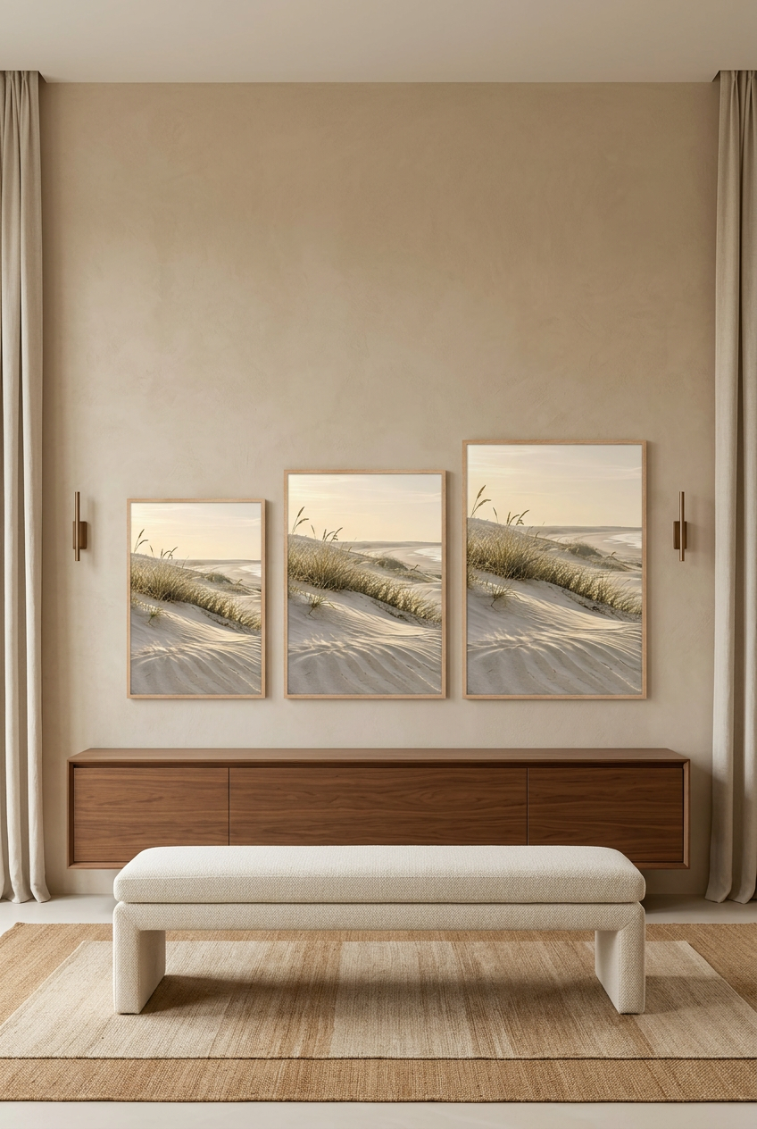 Les Oyats du Rivage — trois formats de l'affiche en cadre chêne