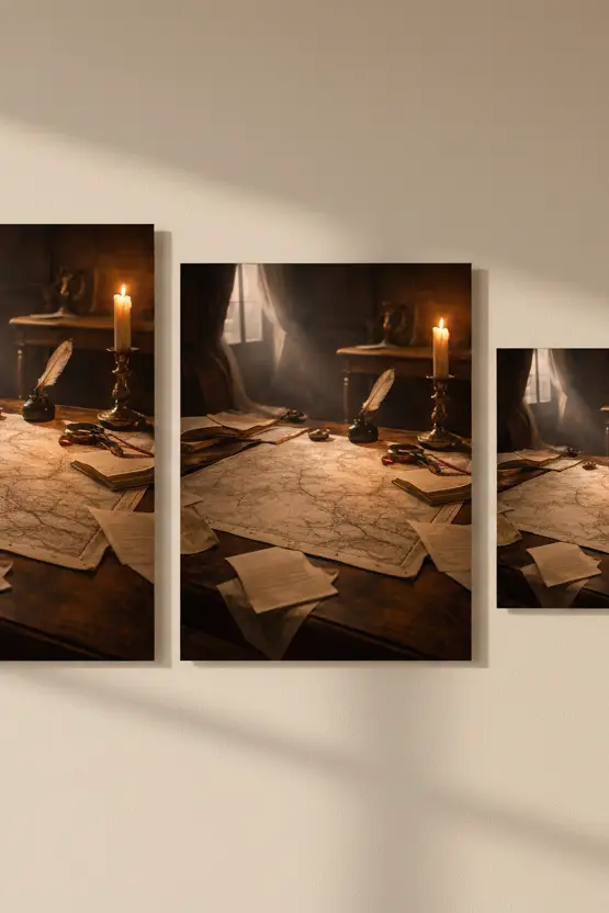 Table du Cartographe — Affiche Murale Minimaliste Ambre et Bois Lumière Intime et Cartographie Rétro — affiche murale minimaliste | Cassili-home