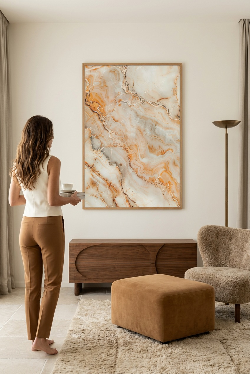 Le Marbre d’Ambre — Frau vor dem Poster im Eichenrahmen